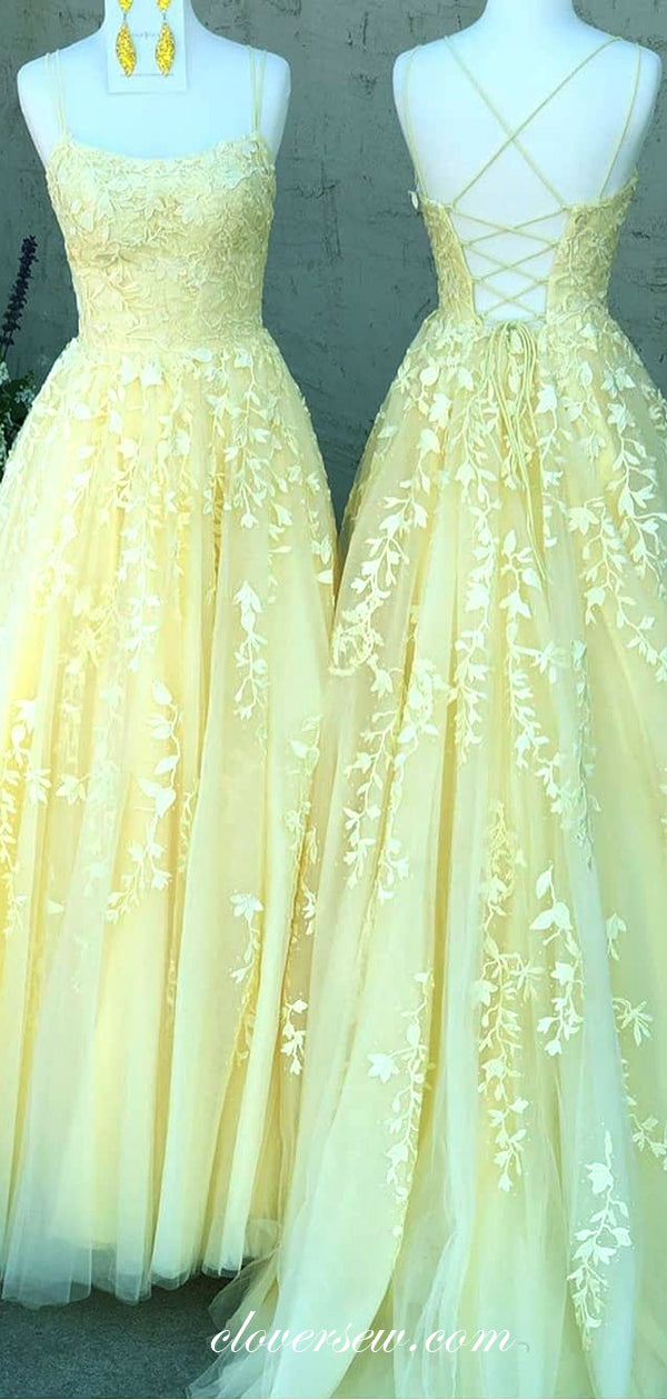 Pastel Yellow Lace Applique Spaghetti Strap Lace Up Back Prom Dresses,CP0246