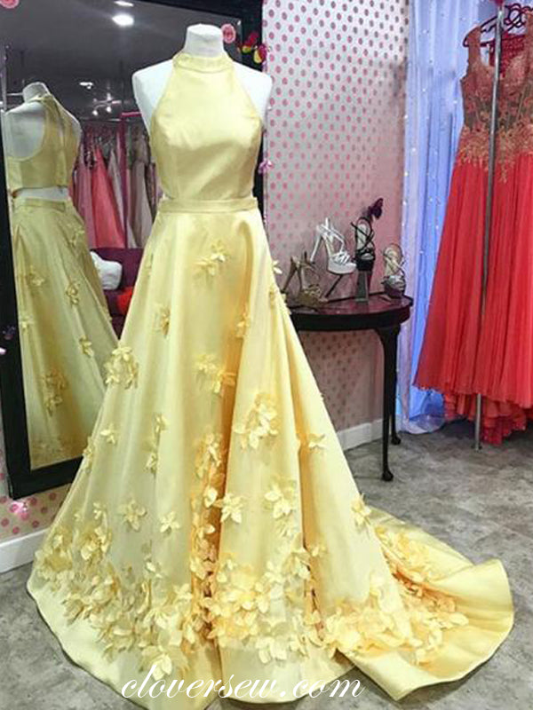 Pastel Yellow Satin 3D Applique A-line Prom Dresses, CP0069
