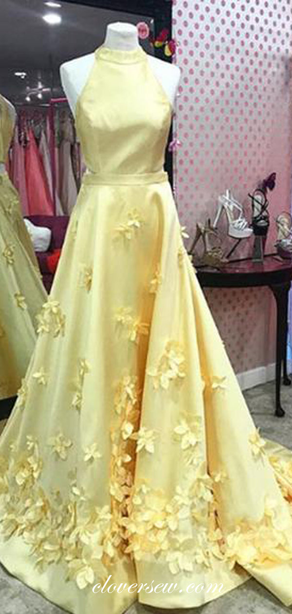 Pastel Yellow Satin 3D Applique A-line Prom Dresses, CP0069
