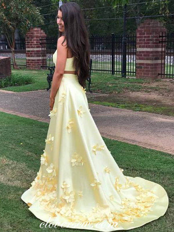 Pastel Yellow Satin 3D Applique A-Line Prom Dresses, CP0069 US4 / Custom Color(Leaving A note) Pastel Yellow Satin 3D Applique A-Line Prom Dresses, CP0069 US4 / Custom Color(Leaving A note)