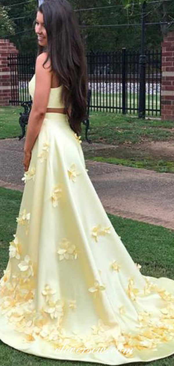 Pastel Yellow Satin 3D Applique A-line Prom Dresses, CP0069