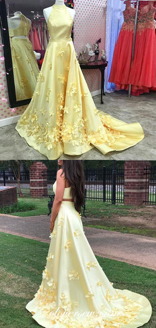 Pastel Yellow Satin 3D Applique A-line Prom Dresses, CP0069