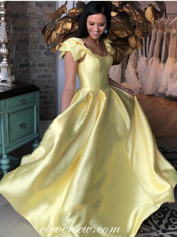 Pastel Yellow Satin Scoop Neck Cap Sleeves A-line Prom Dresses, CP0071