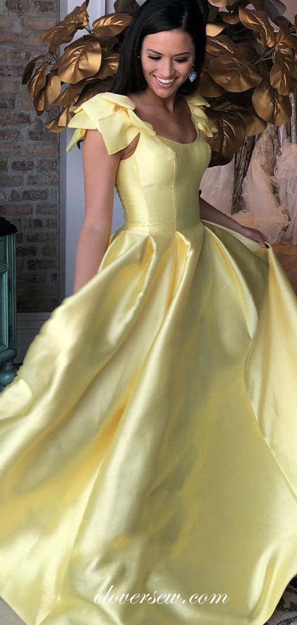 Pastel Yellow Satin Scoop Neck Cap Sleeves A-line Prom Dresses, CP0071