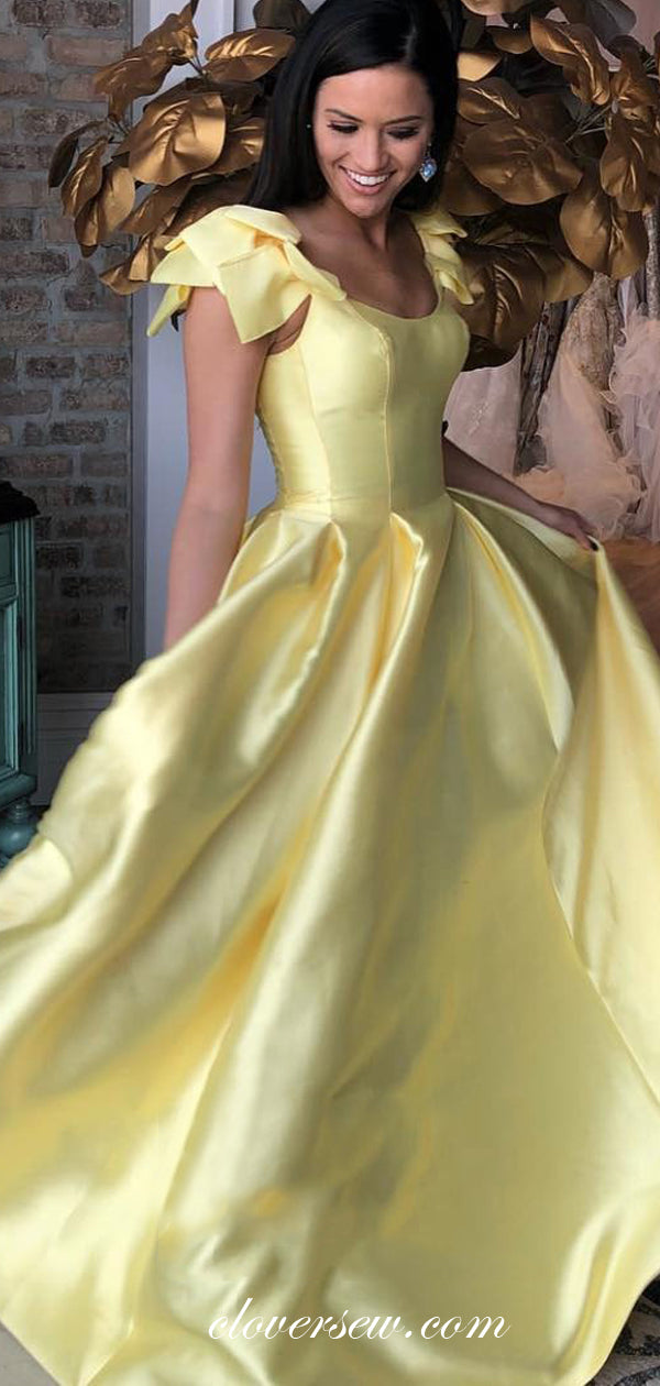 Pastel Yellow Satin Scoop Neck Cap Sleeves A-line Prom Dresses, CP0071 clover sew Pastel Yellow Satin Scoop Neck Cap Sleeves A-line Prom Dresses, CP0071 clover sew