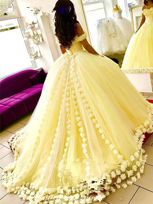 Pastel Yellow Tulle Handmade Flowers Off The Shoulder Ball Gown Prom Dresses, CP0156