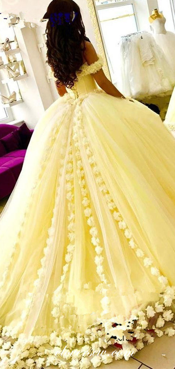 Pastel Yellow Tulle Handmade Flowers Off The Shoulder Ball Gown Prom Dresses, CP0156