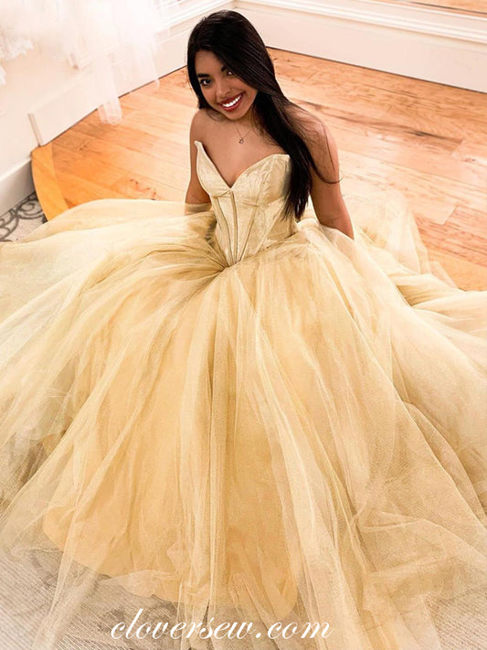 Pastel Yellow Velvet Tulle Strapless A-line Prom Dresses,CP0428