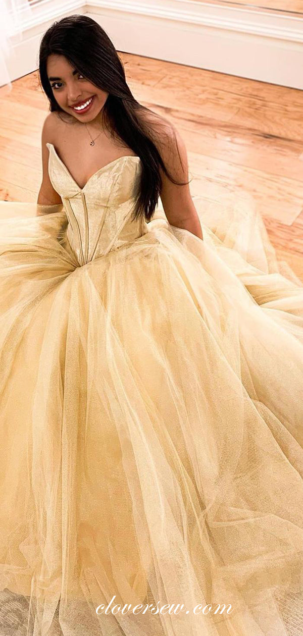Pastel Yellow Velvet Tulle Strapless A-line Prom Dresses,CP0428