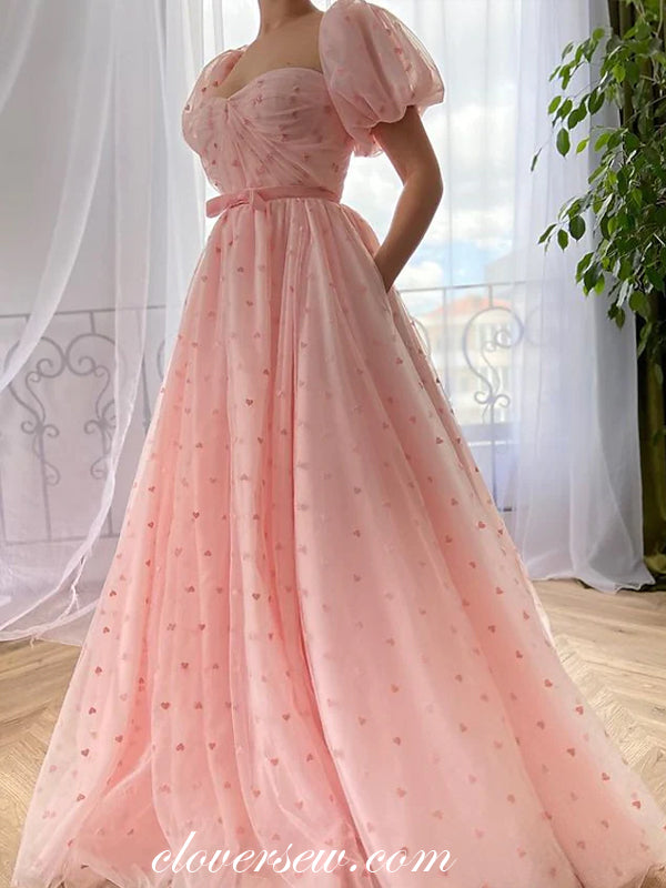 Peach Engagement Scoop Neck Short Sleeve Pleats Tulle with Bow Prom Dresses, CP0718