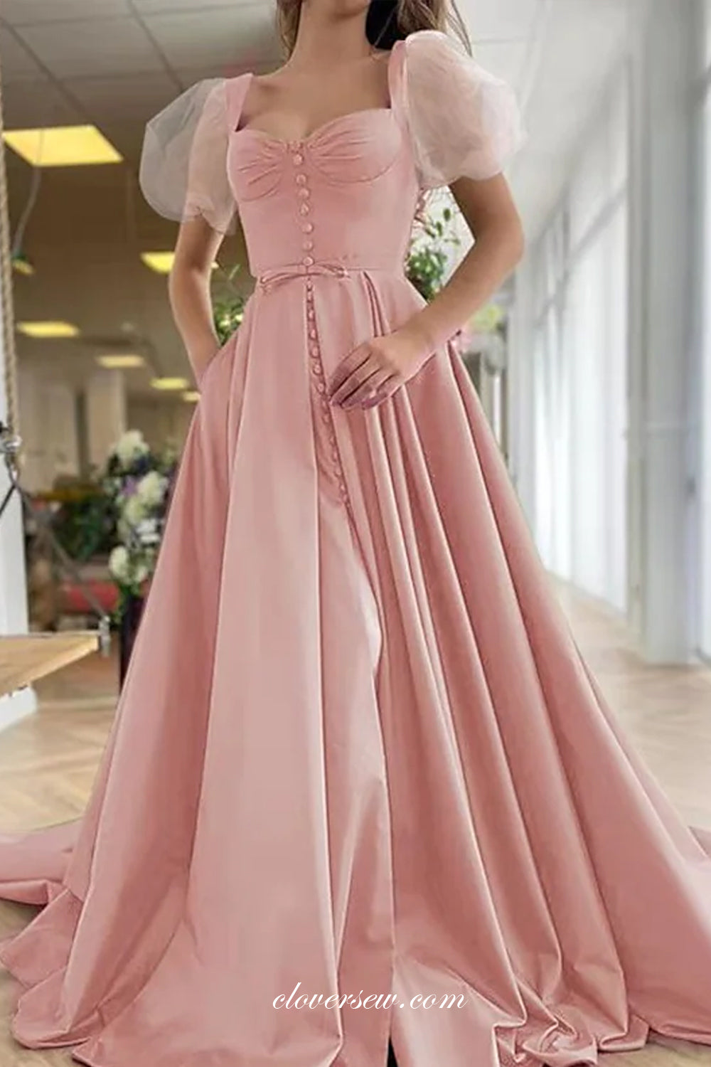 Peach Pink Satin Short Sleeves Elegant Prom Dresses, CP0735