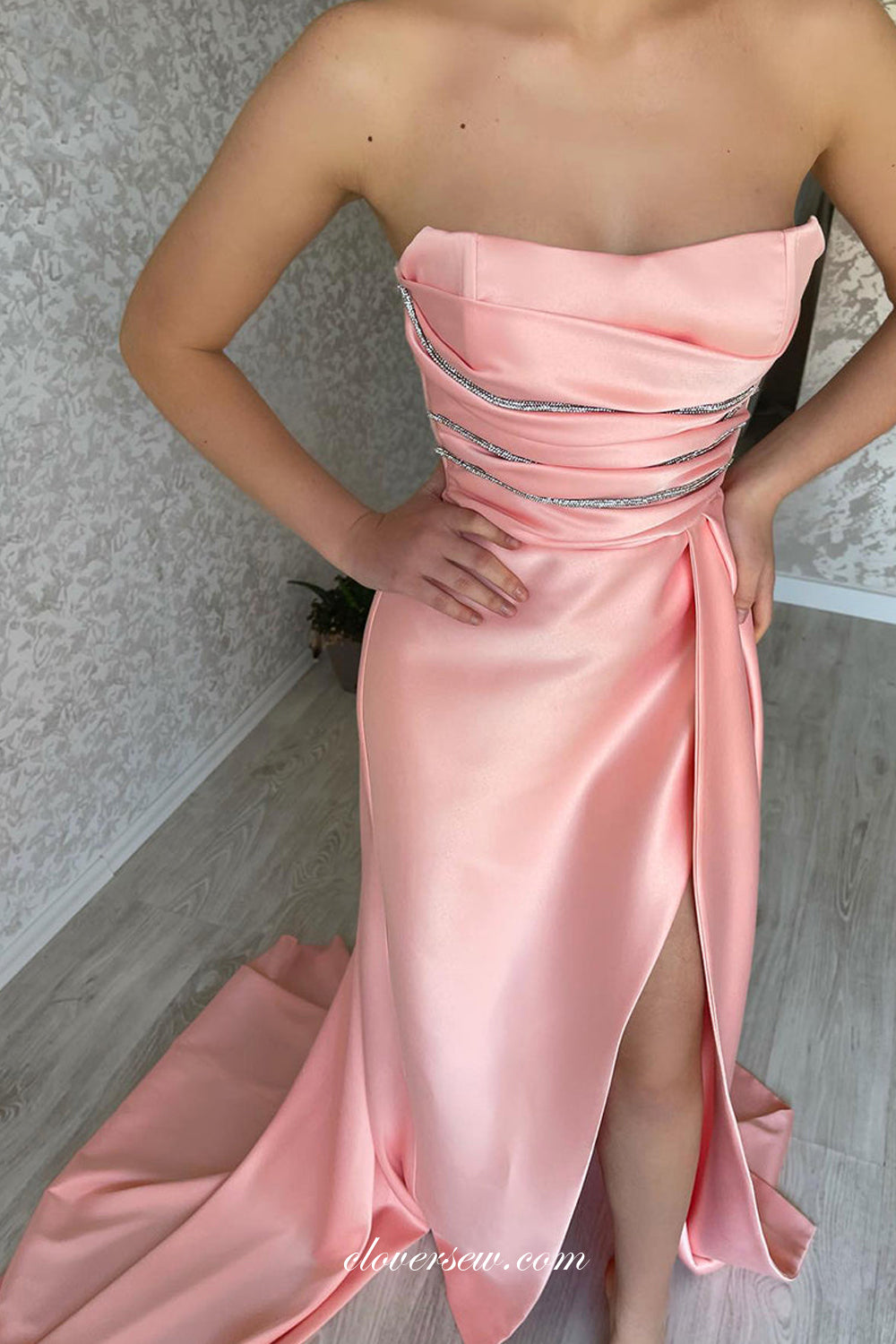 Peach Pink Satin Strapless Pleating Side Slit Train Prom Dresses, CP09 clover sew Peach Pink Satin Strapless Pleating Side Slit Train Prom Dresses, CP09 clover sew