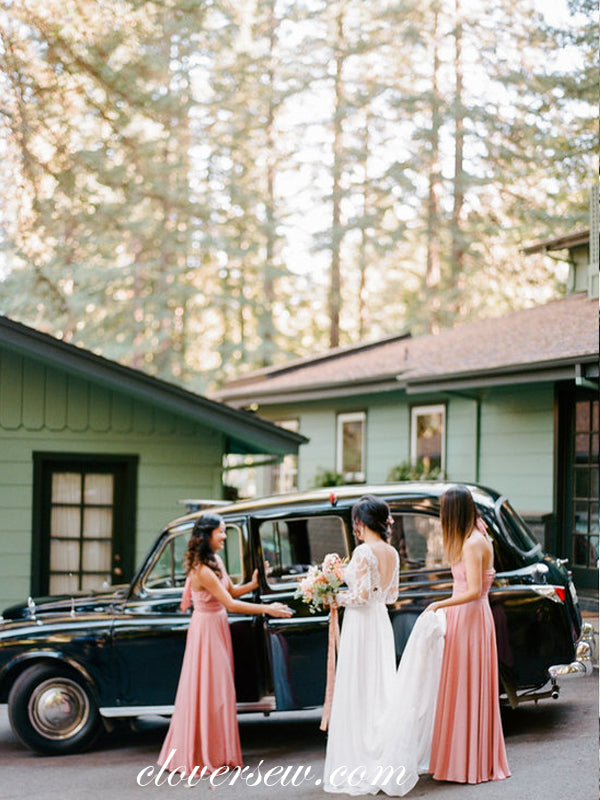 Peach Pink Chiffon Halter A-line Long Bridesmaid Dresses, CB0054
