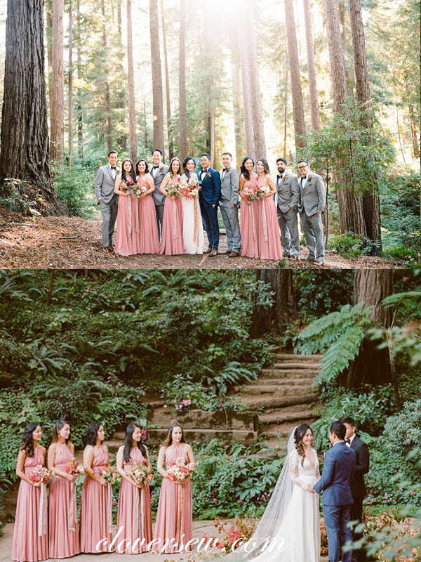 Peach Pink Chiffon Halter A-line Long Bridesmaid Dresses, CB0054