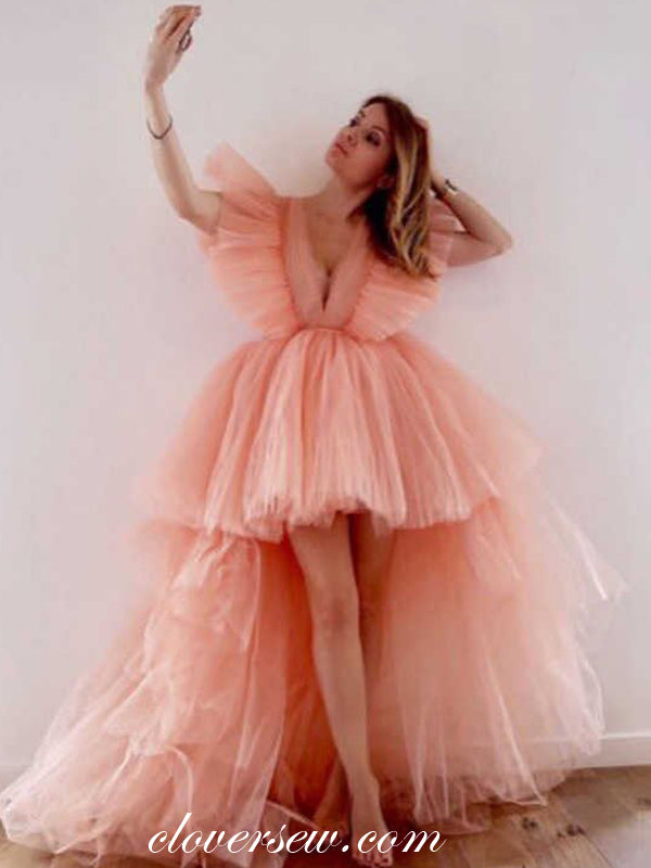 Peach Pleat Tulle V-neck High Low A-line Prom Dresses,CP0201