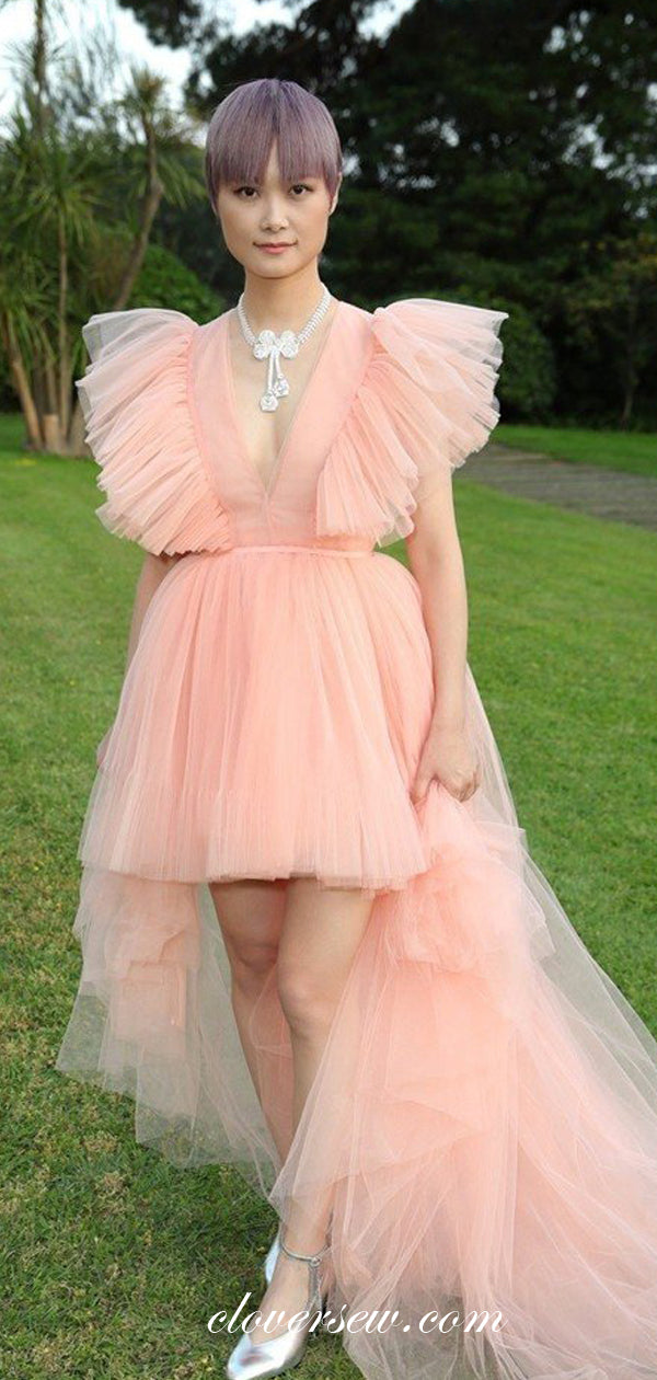 Peach Pleat Tulle V-neck High Low A-line Prom Dresses,CP0201
