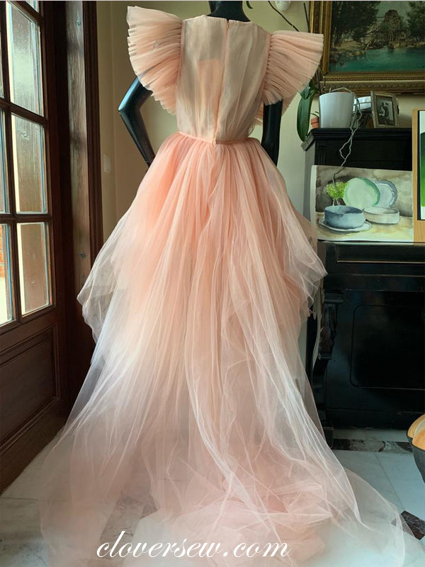 Peach Pleat Tulle V-neck High Low A-line Prom Dresses,CP0201