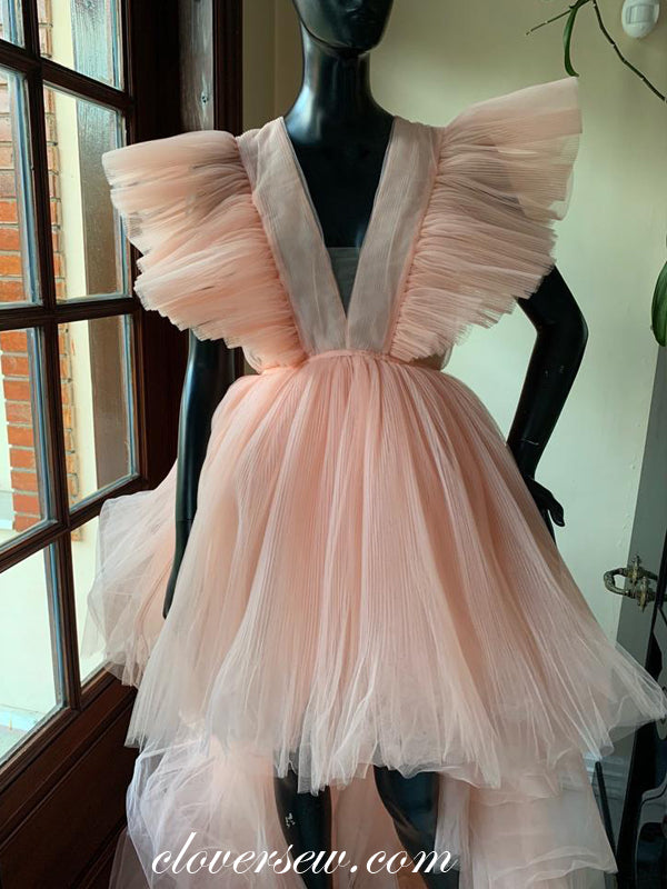 Peach Pleat Tulle V-neck High Low A-line Prom Dresses,CP0201