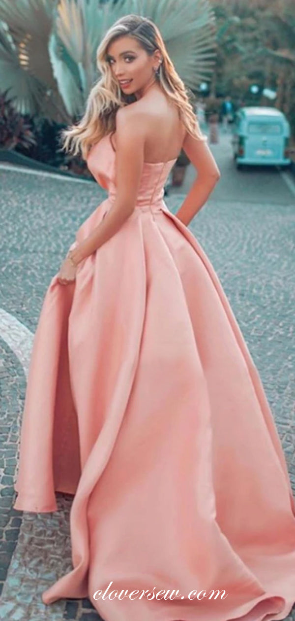Peach Satin Pleat Strapless A-line Side Slit Prom Dresses ,CP0302