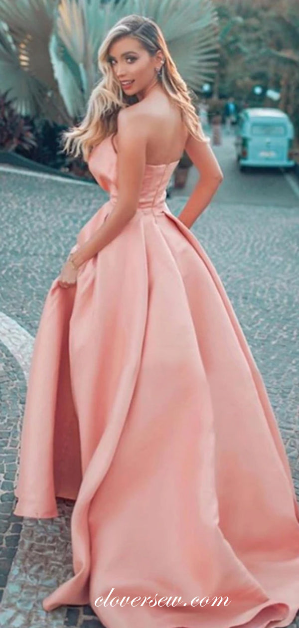 Peach Satin Pleat Strapless A-line Side Slit Prom Dresses ,CP0302 clover sew Peach Satin Pleat Strapless A-line Side Slit Prom Dresses ,CP0302 clover sew