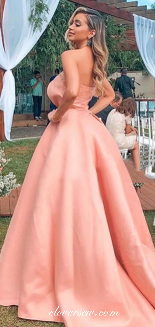 Peach Satin Pleat Strapless A-line Side Slit Prom Dresses ,CP0302