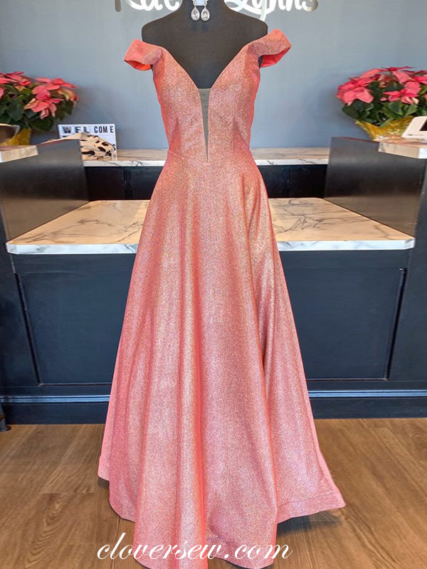 Peach Shiny Satin Off The Shoulder A-line Prom Dresses,CP0336