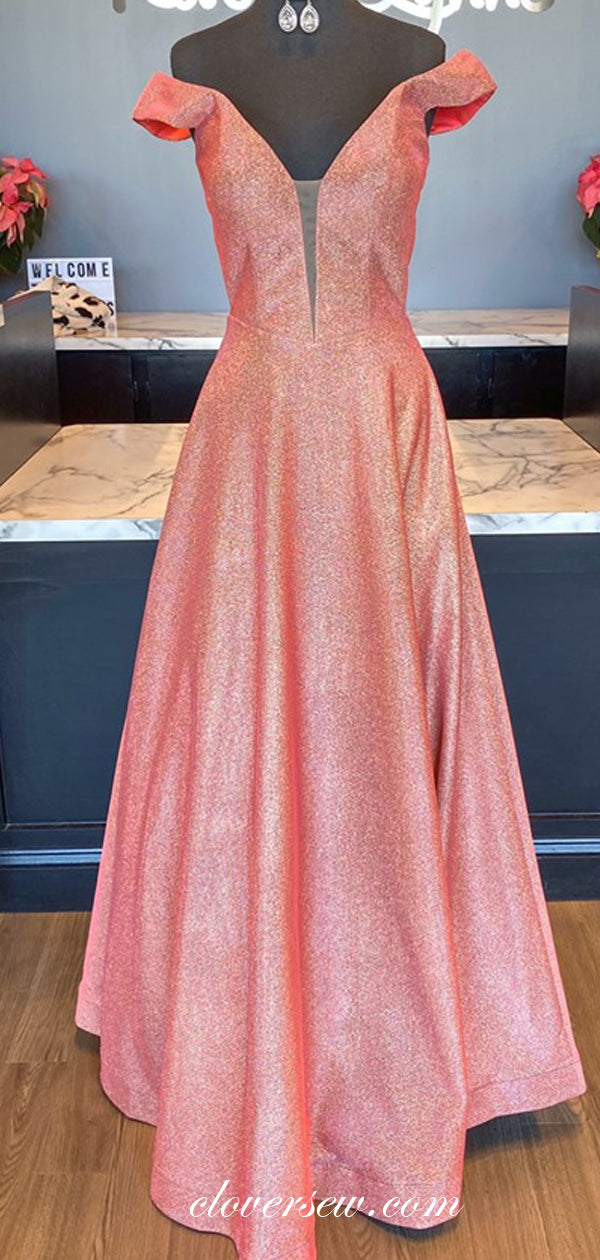 Peach Shiny Satin Off The Shoulder A-line Prom Dresses,CP0336