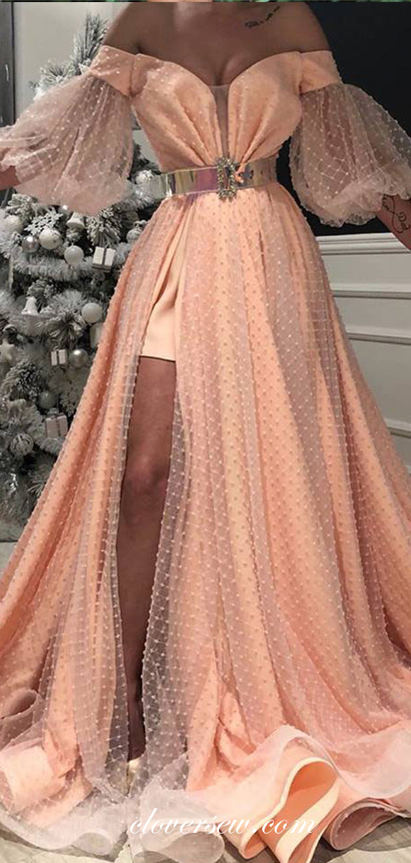 Peach Tulle Off The Shoulder Lantern Sleeves A-line Prom Dresses,CP0153