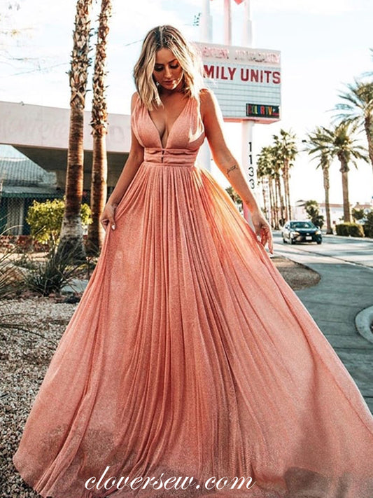 Peach V-neck Sleeveless Fashion A-line Prom Dresses,CP0325