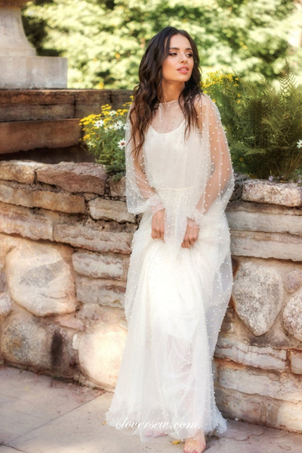 Pearl Tulle Long Sleeves Two Pieve Column Wedding Dresses, CW0249 clover sew Pearl Tulle Long Sleeves Two Pieve Column Wedding Dresses, CW0249 clover sew
