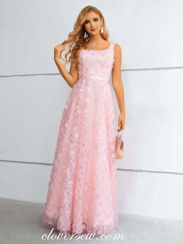 Pink 3D Floral Lace Square Neck Sleeveless A-line Prom Dresses, CP0914