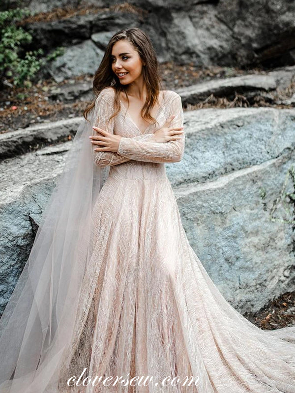 Pink Champagne Shiny Sequined Tulle Long Sleeves Wedding Dresses, CW02 –  clover sew