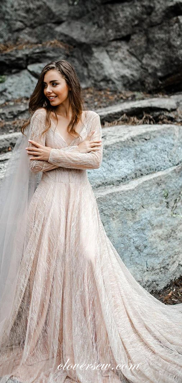 Pink Champagne Shiny Sequined Tulle Long Sleeves Wedding Dresses, CW0205 US0 / Custom Color(Leaving A note) Pink Champagne Shiny Sequined Tulle Long Sleeves Wedding Dresses, CW0205 US0 / Custom Color(Leaving A note)