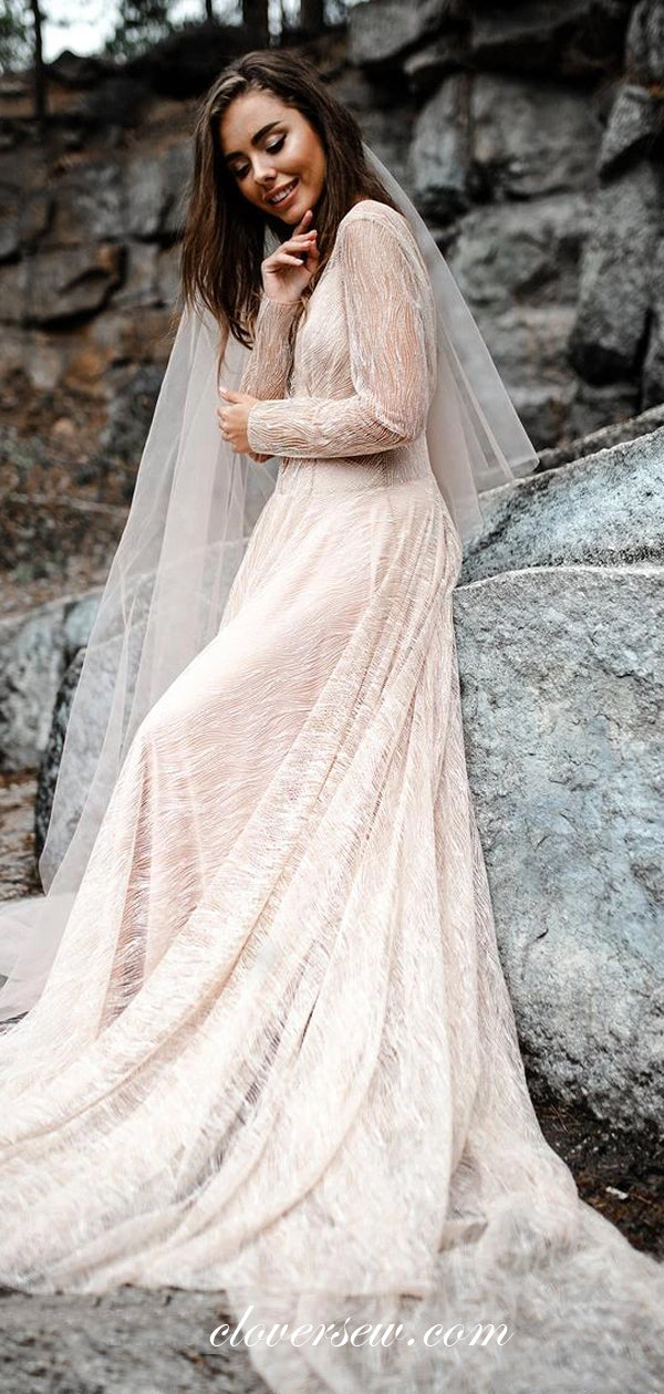 Pink Champagne Shiny Sequined Tulle Long Sleeves Wedding Dresses, CW0205