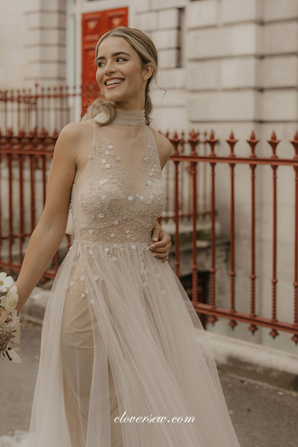 Pink Champagne Tulle Beaded Lace Illusion Tulle High Neck Wedding Dresses, CW0293 US6 / Custom Color(Leaving A note) Pink Champagne Tulle Beaded Lace Illusion Tulle High Neck Wedding Dresses, CW0293 US6 / Custom Color(Leaving A note)