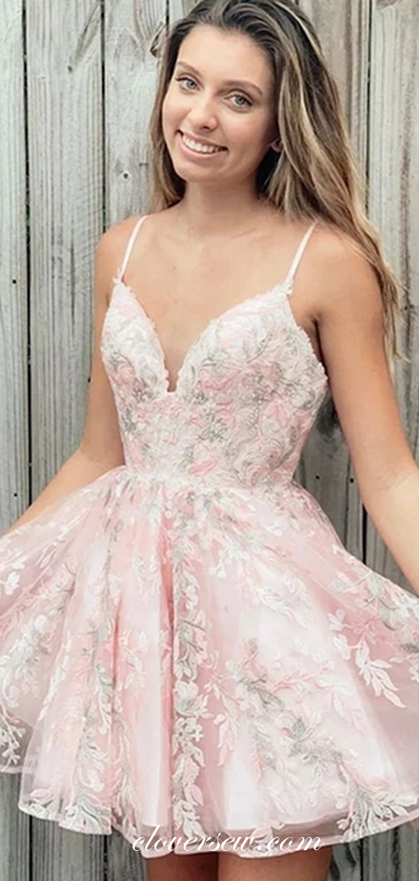 Pink Charming Lace Spagehtti Strap A-line Homecoming Dresses, CH0029