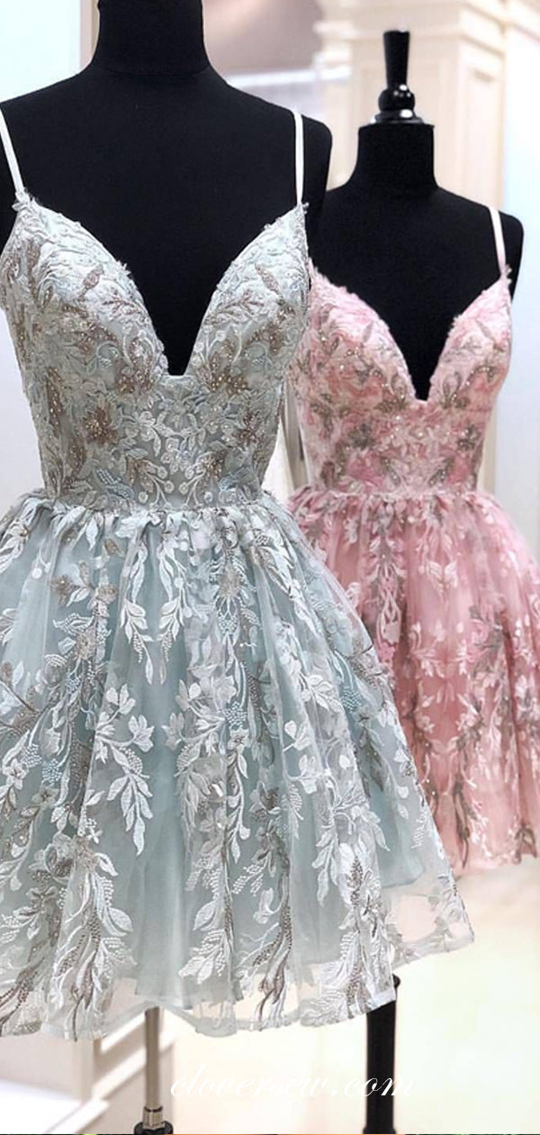 Pink Charming Lace Spagehtti Strap A-line Homecoming Dresses, CH0029