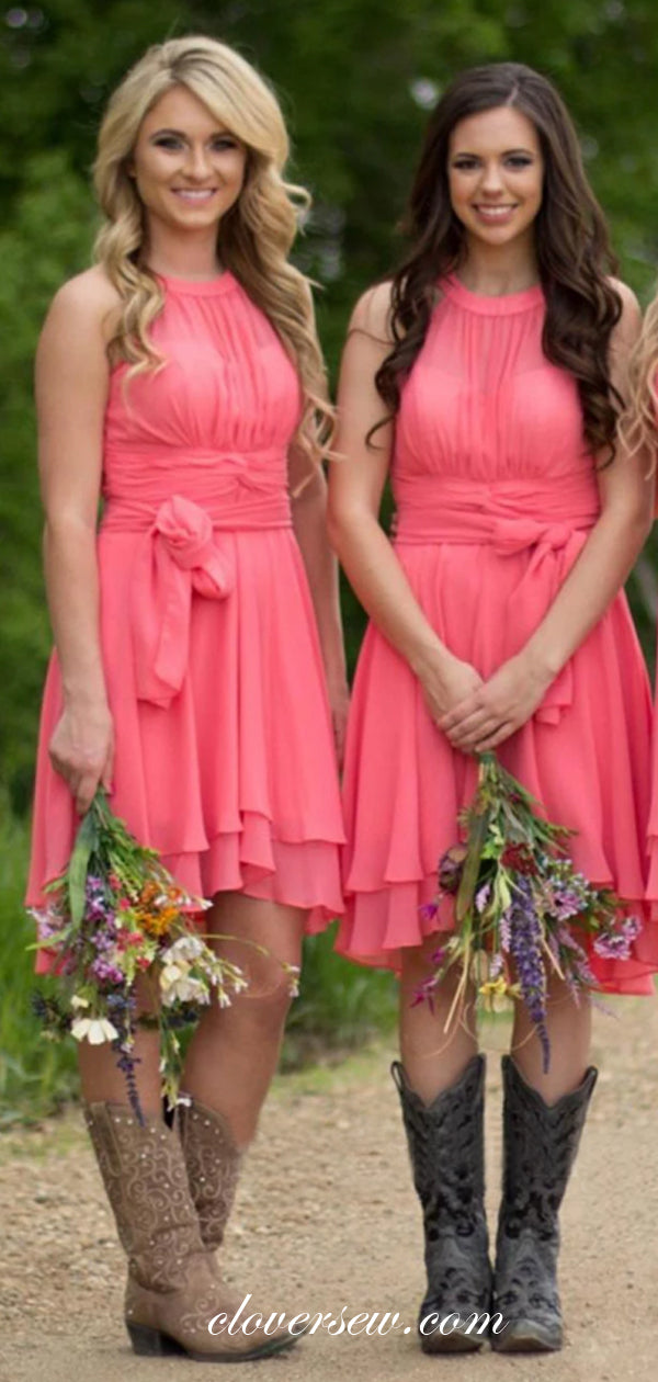 Pink Chiffon Round Neck High Low Short Bridesmaid Dresses,CB0162 US6 / As Pic Pink Chiffon Round Neck High Low Short Bridesmaid Dresses,CB0162 US6 / As Pic