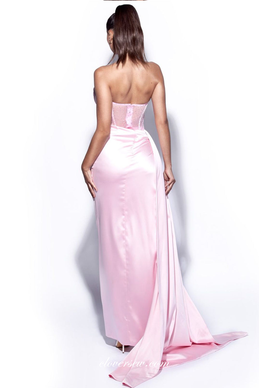 Pink Elastic Satin Sexy High Slit Pleating With Train Sheath Formal Dresses, CP0896 Pink Elastic Satin Sexy High Slit Pleating With Train Sheath Formal Dresses, CP0896