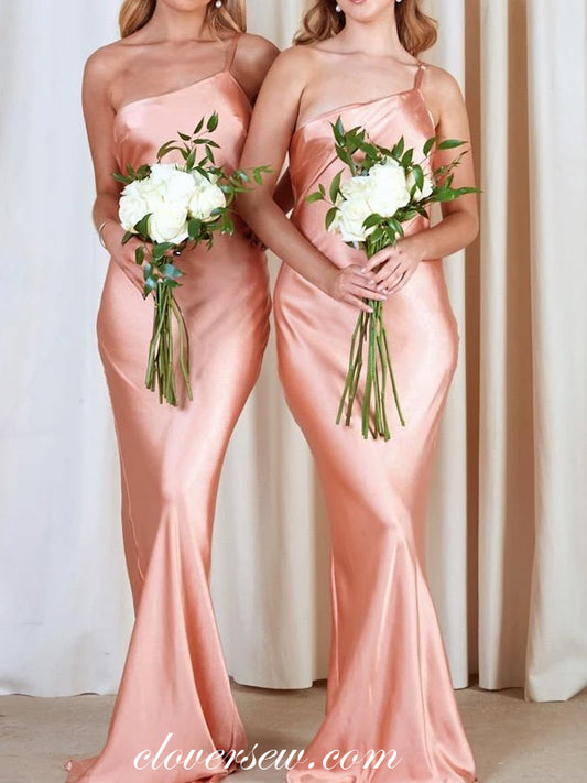 Pink Elastic Satin Spaghetti Strap One Shoulder Sheath Bridesmaid Dresses,CB0164