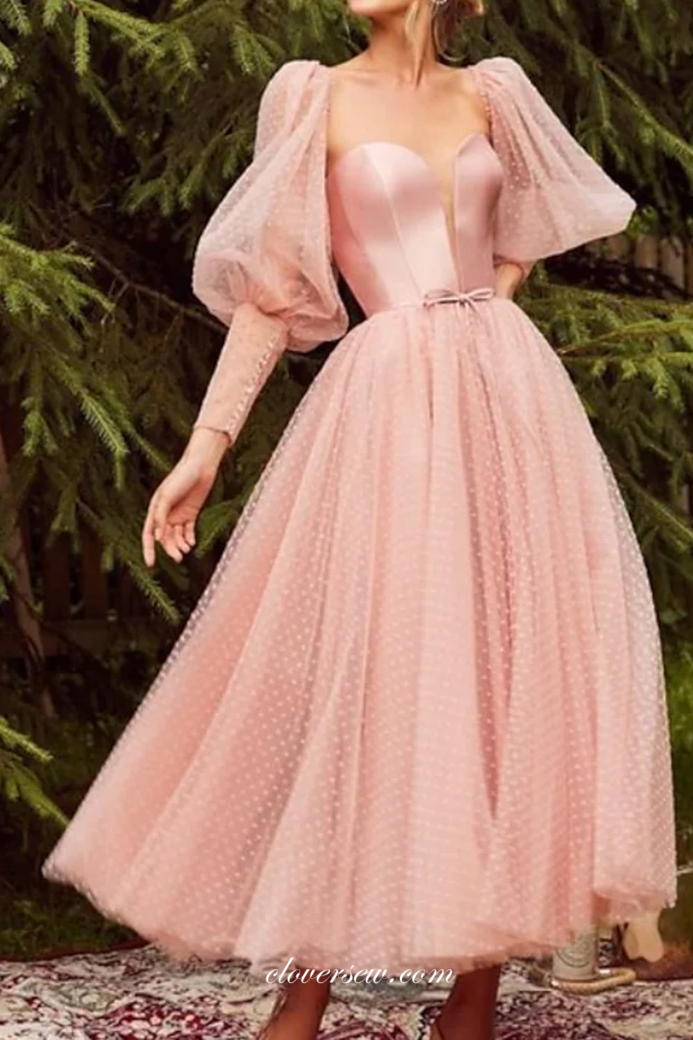 Pink Fashion Tulle Long Sleeves Ankle Length Party Dresses, CP0709 Pink Fashion Tulle Long Sleeves Ankle Length Party Dresses, CP0709
