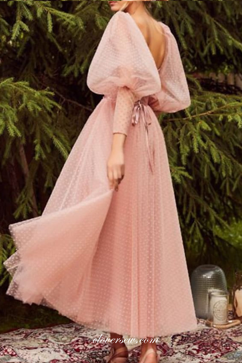 Pink Fashion Tulle Long Sleeves Ankle Length Party Dresses, CP0709 clover sew Pink Fashion Tulle Long Sleeves Ankle Length Party Dresses, CP0709 clover sew