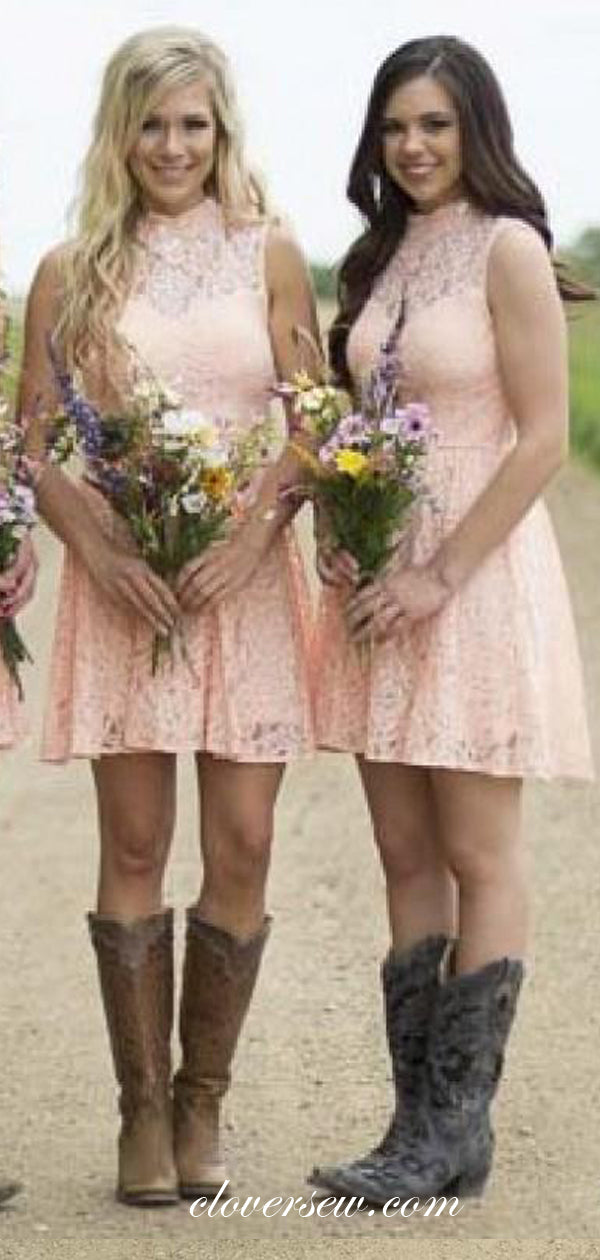 Pink Lace Sequin High Neck A-line Open Back Short Bridesmaid Dresses,CB0141