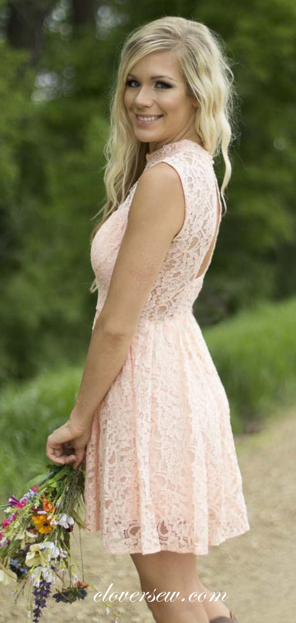 Pink Lace Sequin High Neck A-line Open Back Short Bridesmaid Dresses,CB0141