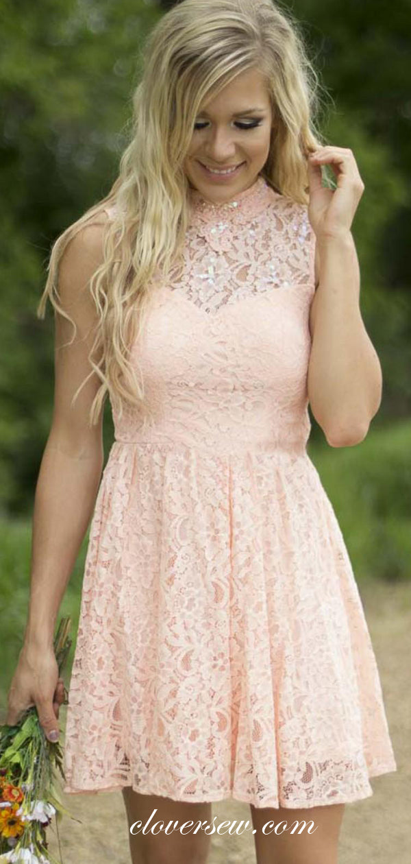 Pink Lace Sequin High Neck A-line Open Back Short Bridesmaid Dresses,CB0141