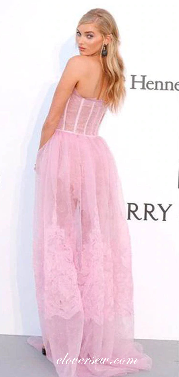 Pink Lace Sexy Strapless See Through Prom Dresses, CP0636