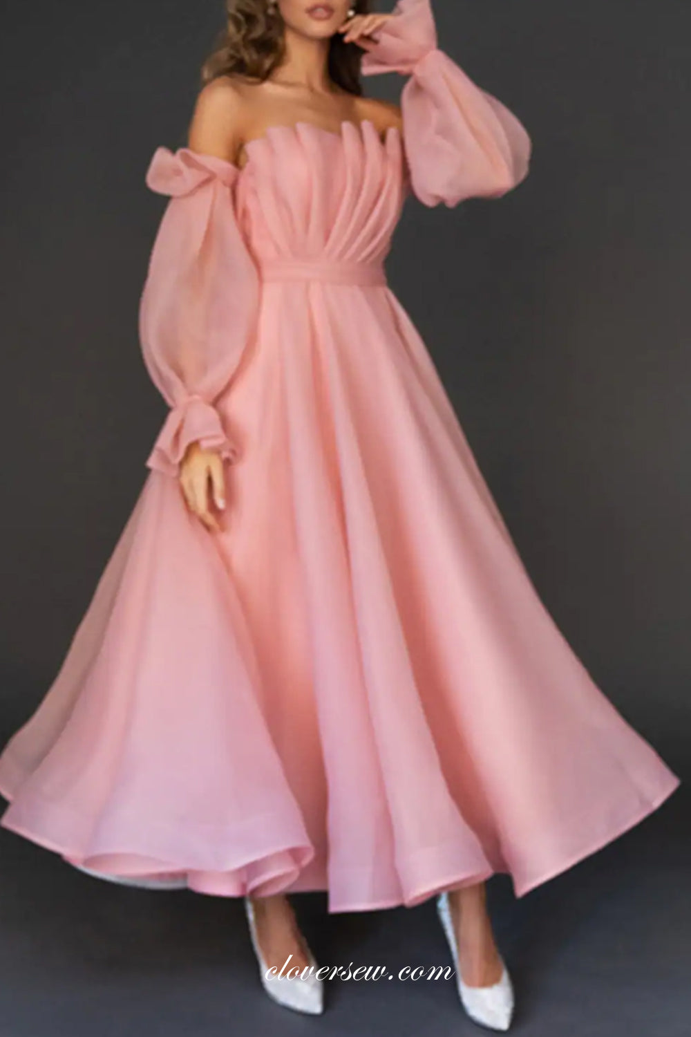 Pink Organza Long Sleeves Pleating A-line Ankle Length Prom Dresses, CP0804