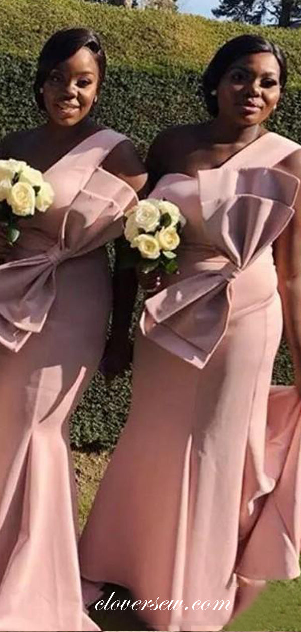 Pink Satin One Shoulder With Bowknot Sheath Bridesmaid Dresses,CB0169