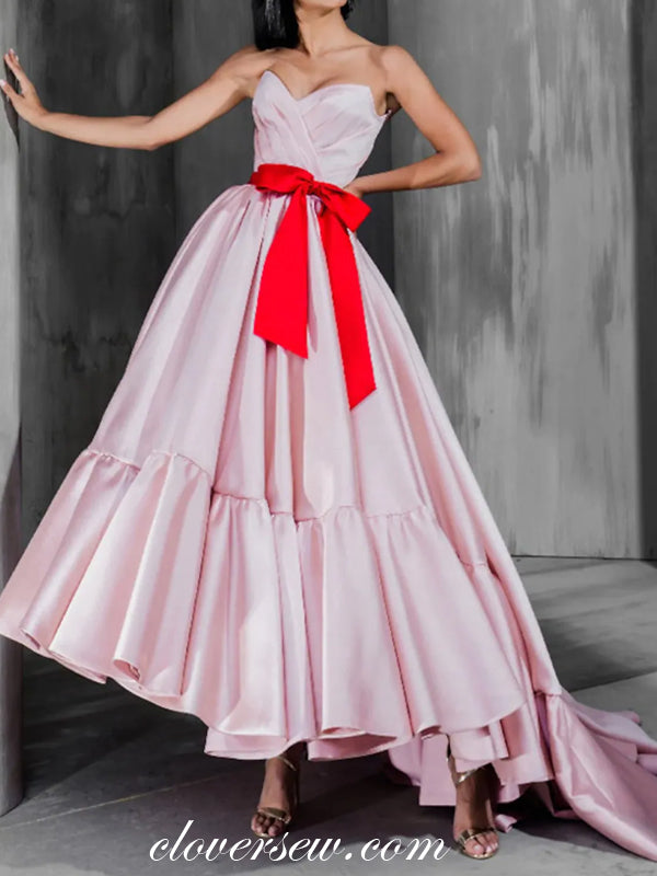 Pink Satin Red Bow Belt Sweetheart Strapless A-line Prom Dresses, CP0774
