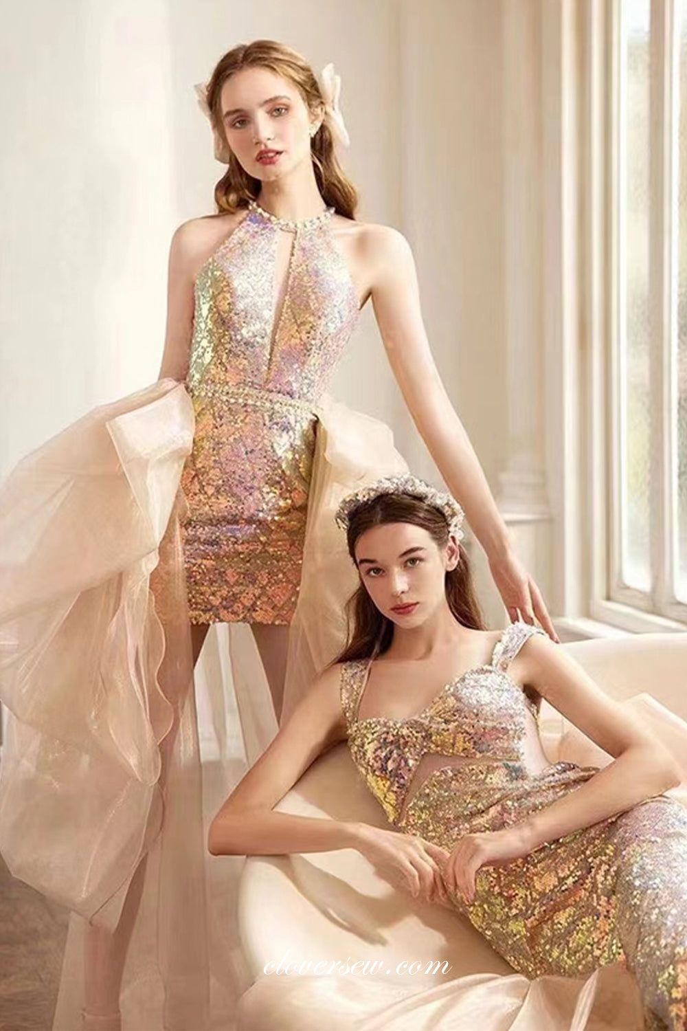 Pink Sequin Beaded Detachable Train Short Homecoming Dresses CH0040 US16 / As Pic Pink Sequin Beaded Detachable Train Short Homecoming Dresses CH0040 US16 / As Pic